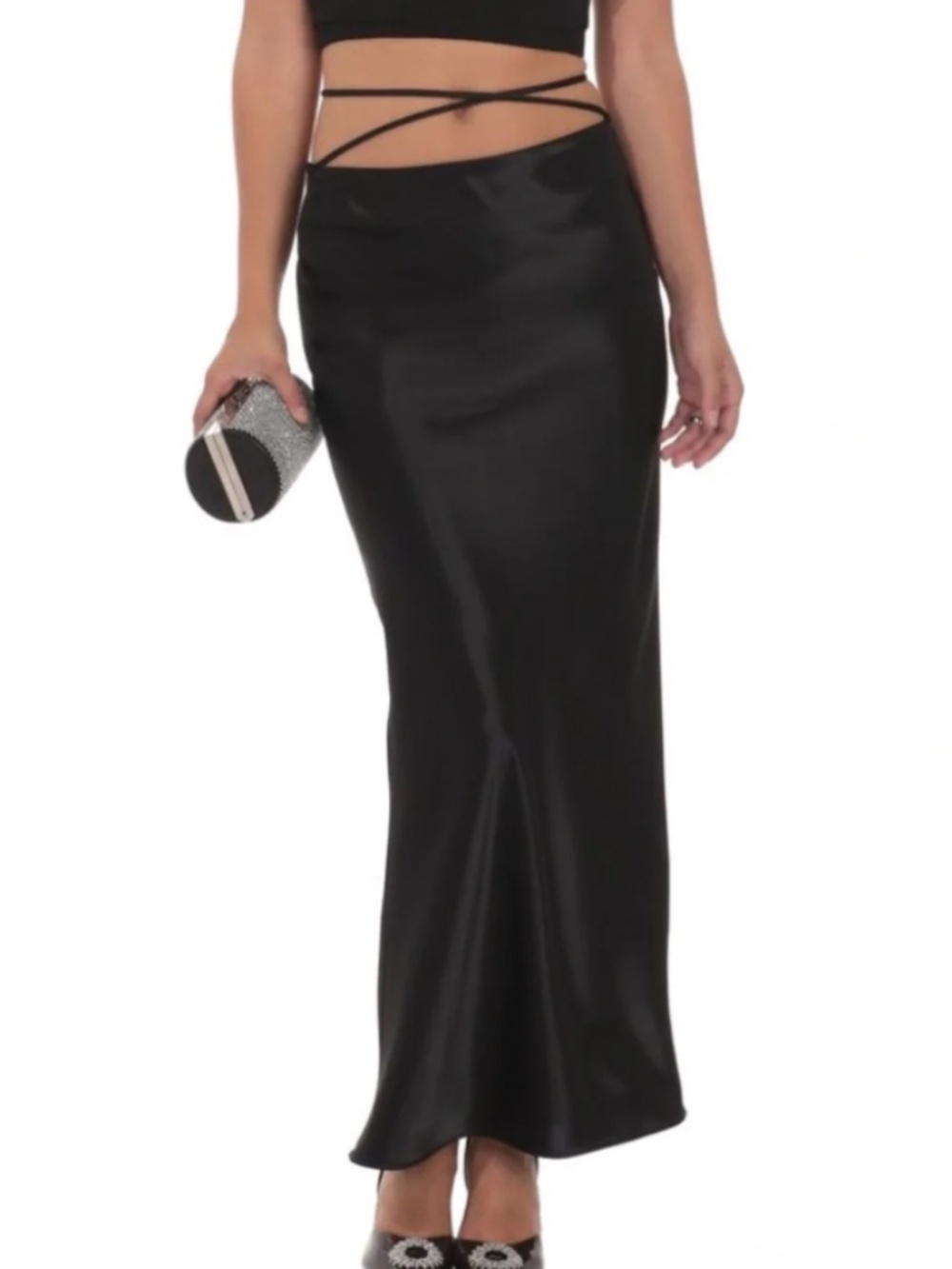 Lucy in the Sky Satin Wrap Maxi Skirt in Black